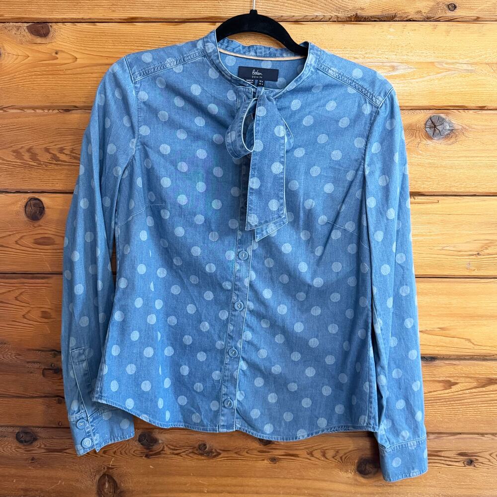 Boden Denim Shirt Polka Dots Bow Women’s size 4
